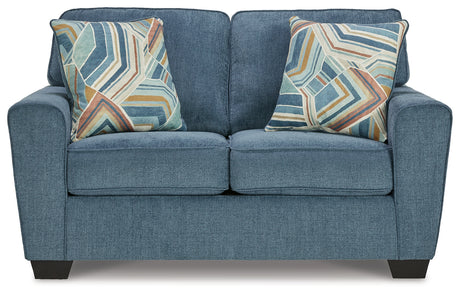 Main frontal view of Cashton Blue Sofa and Loveseat
