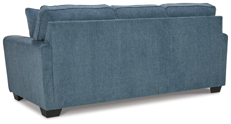 Side profile view of Cashton Blue Sofa and Loveseat