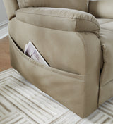Next-Gen Durapella Sand Microfiber Power Lift Recliner side pocket detail
