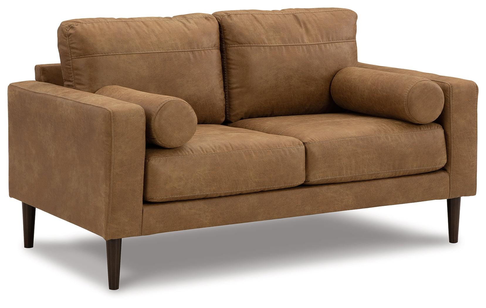 Telora Caramel Microfiber Loveseat side angle view