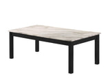 Close-up of white faux marble top and white metal frame of Thurner coffee table