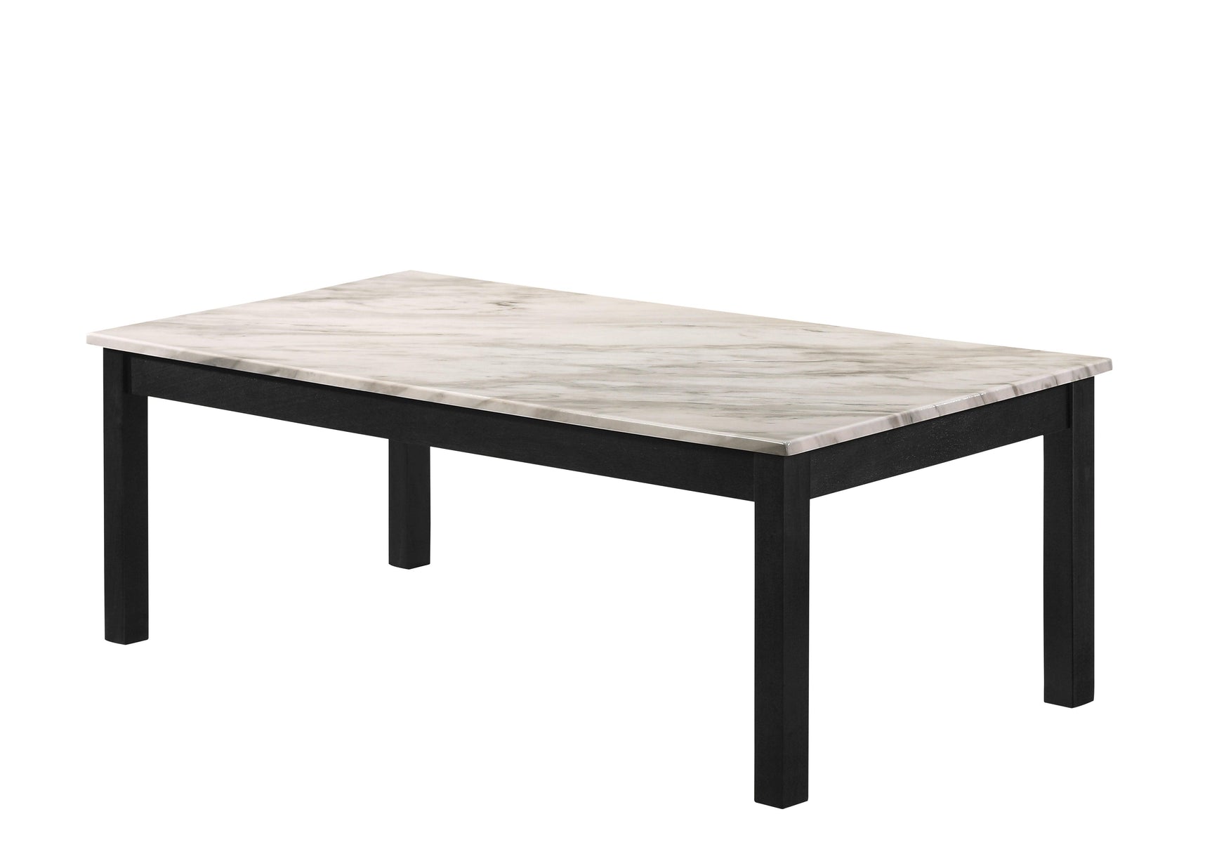 Close-up of white faux marble top and white metal frame of Thurner coffee table