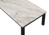 Detail of white metal frame and marble top on Thurner coffee table