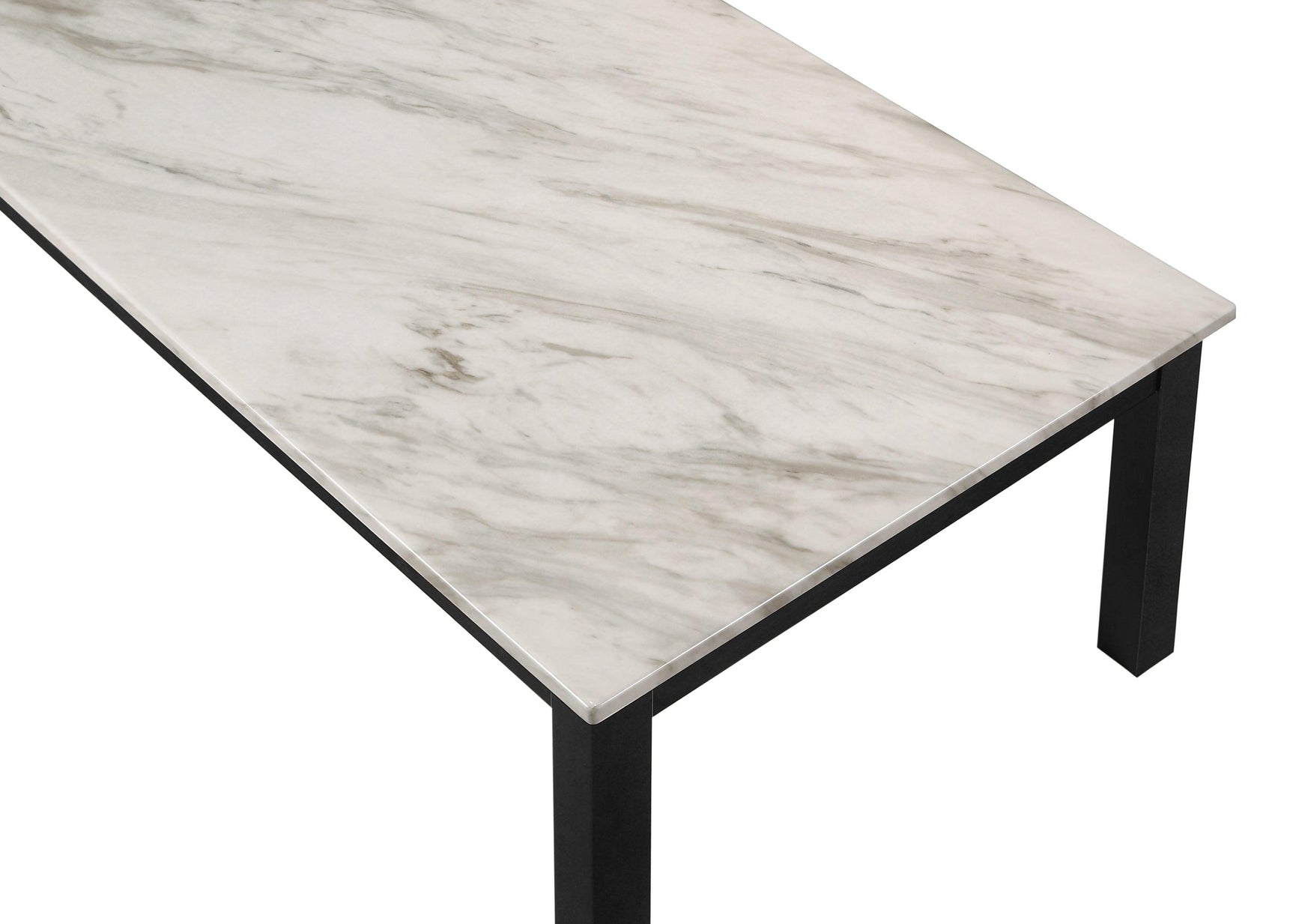Detail of white metal frame and marble top on Thurner coffee table