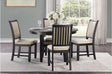 Main view of Asher Beige fabric upholstered round dining room set with dark wood Acacia veneer table