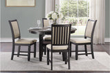 Main view of Asher Beige fabric upholstered round dining room set with dark wood Acacia veneer table