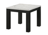 Side view of Ivy coffee table set showing black legs and marble tops