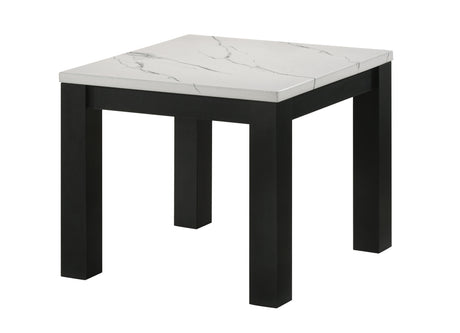 Side view of Ivy coffee table set showing black legs and marble tops