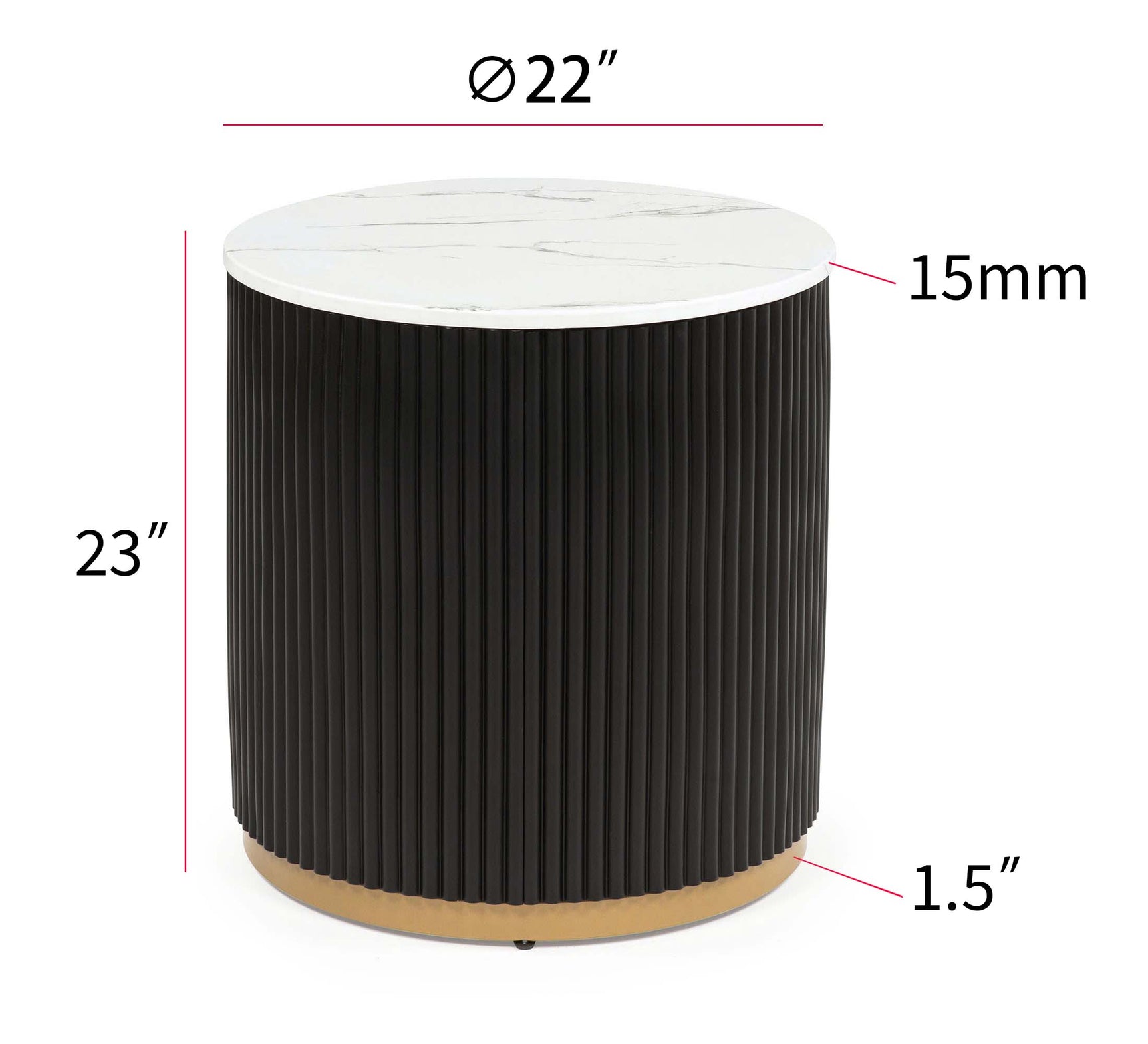 End table showing black finish and height