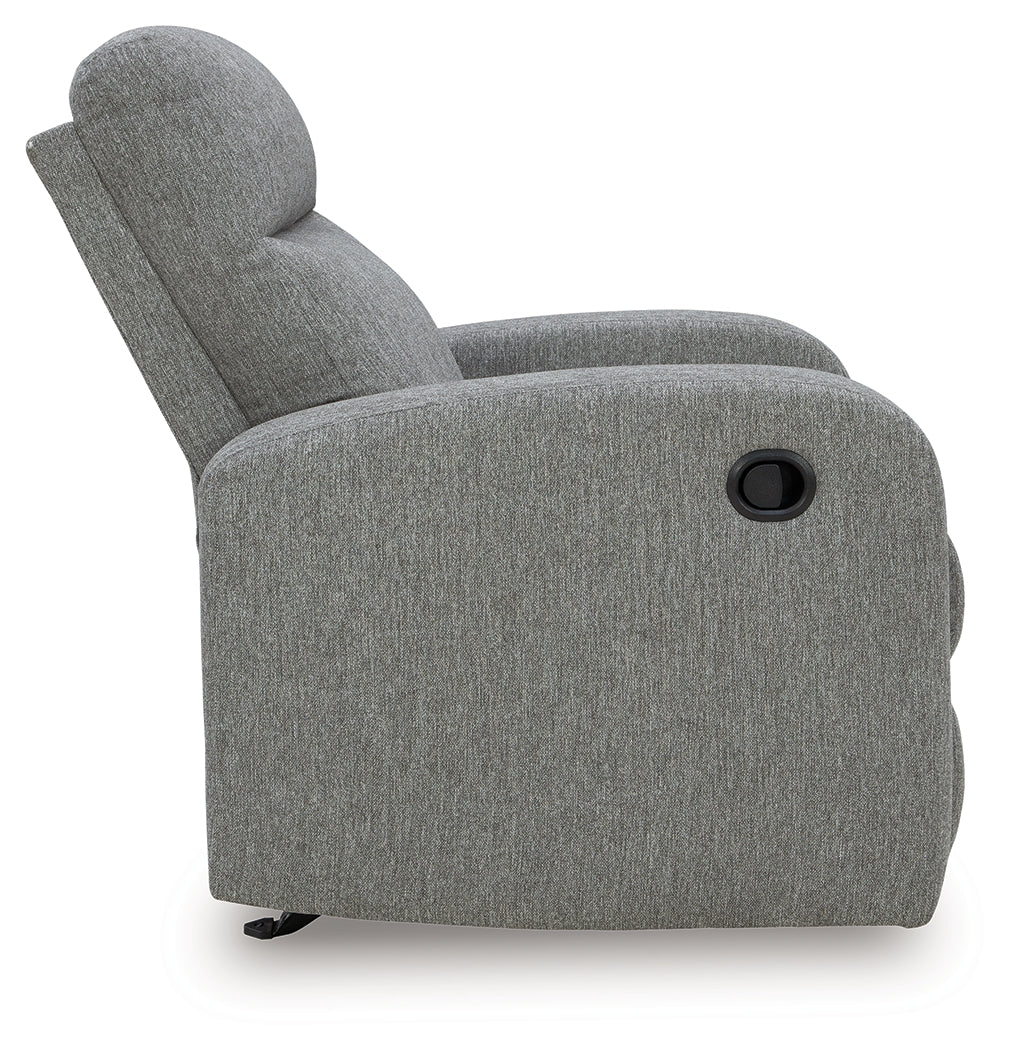 side angled view of Gauntlet Sterling Chenille Recliner chair