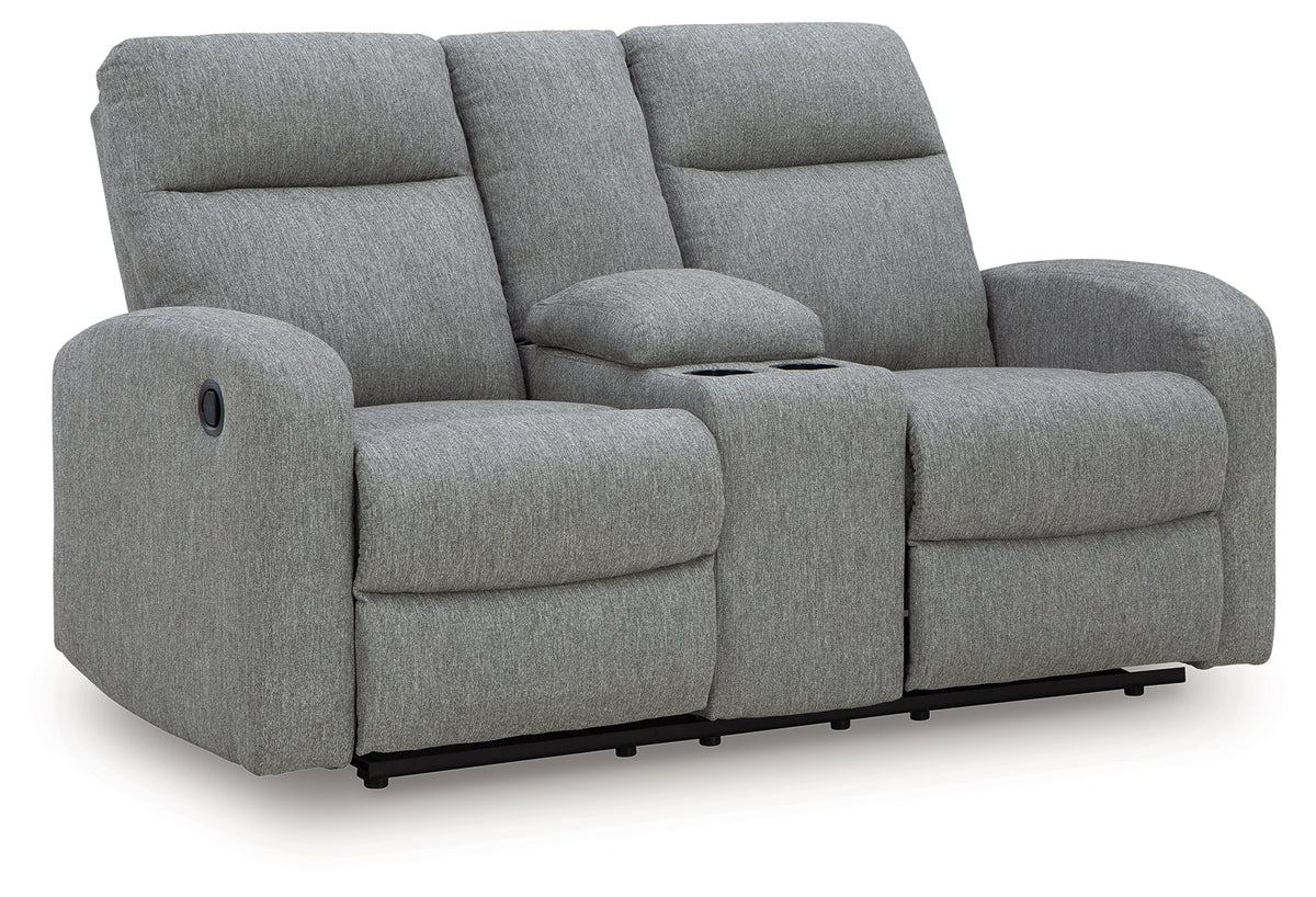 Side angle of Gauntlet Sterling chenille reclining loveseat
