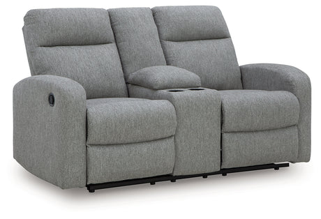 Side angle of Gauntlet Sterling chenille reclining loveseat