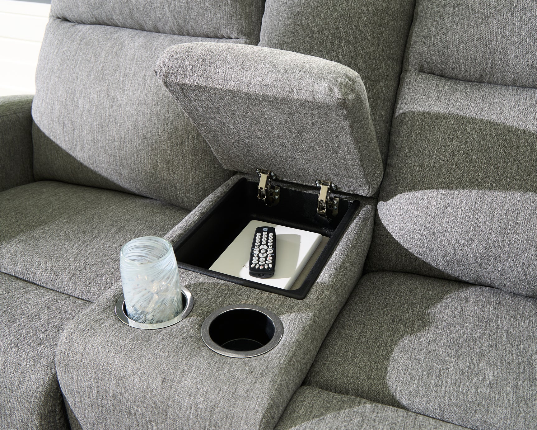 Close-up of center console with cup holders