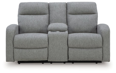 Front view of loveseat showing reclining seats