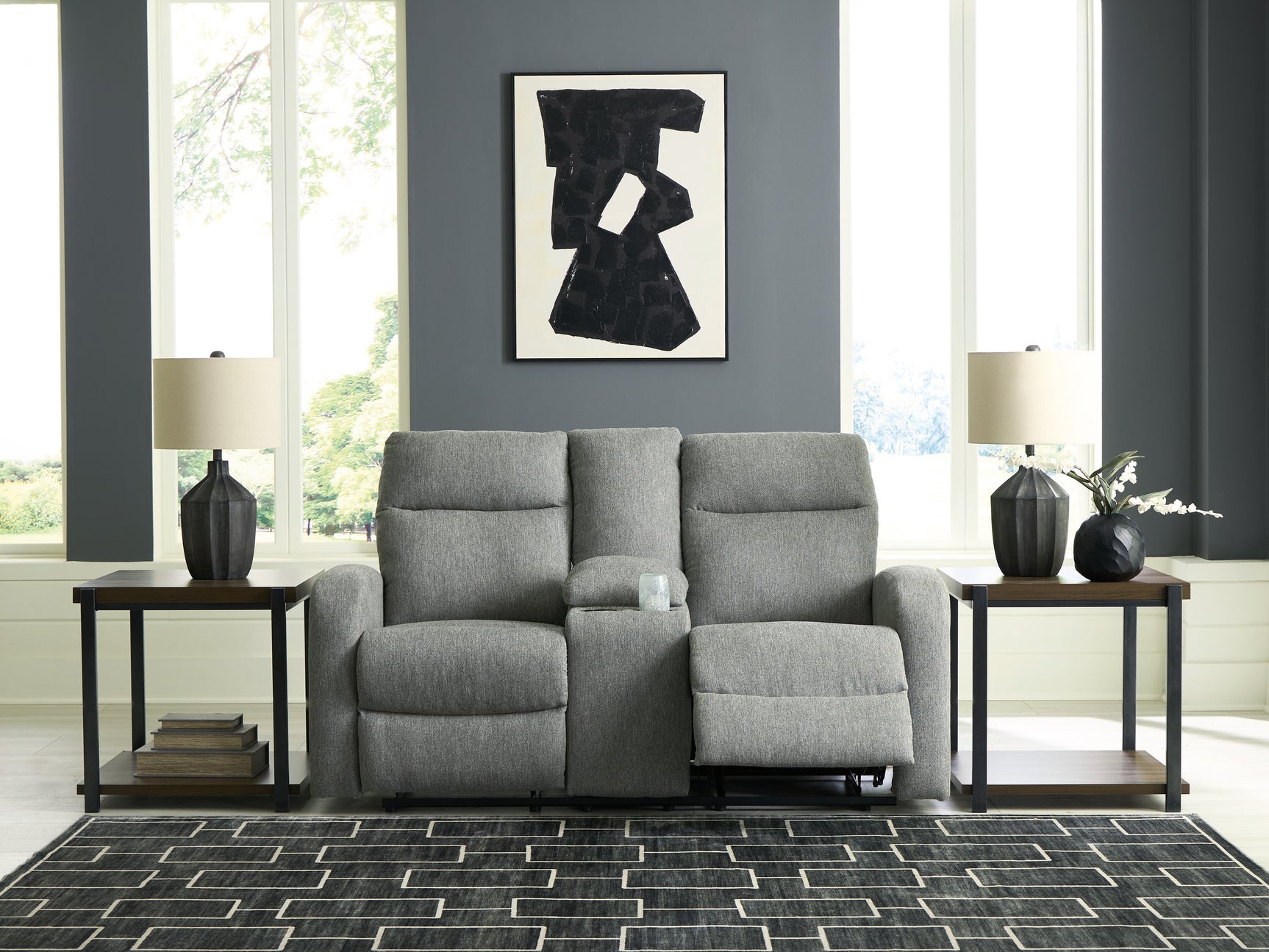 Loveseat fully reclined showing footrest