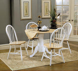 Allison Drop Leaf Round Dining Table natural brown and white, side angle highlighting curved legs