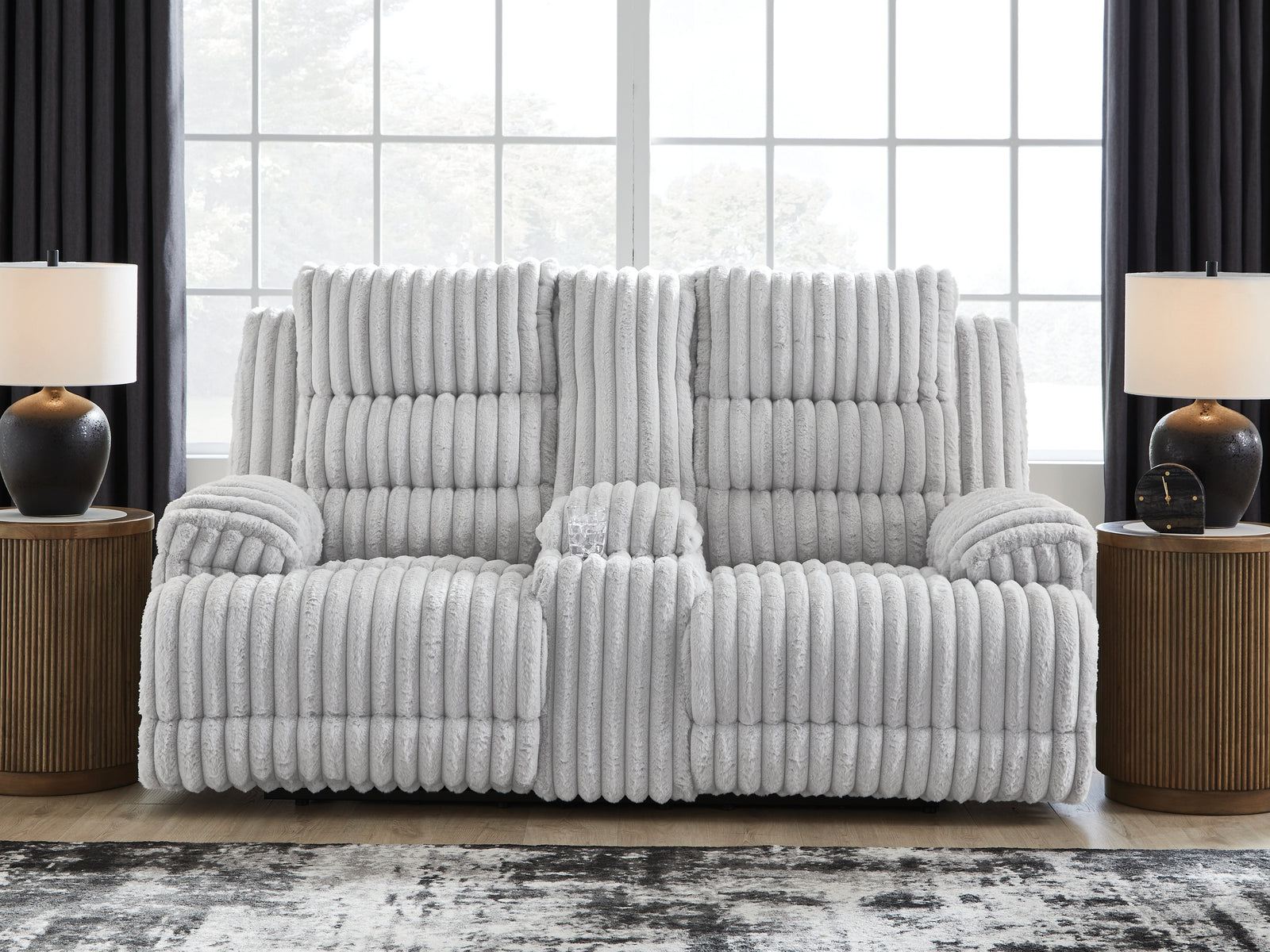 Rhines Falls Alloy Velvet Power Reclining Loveseat with Console