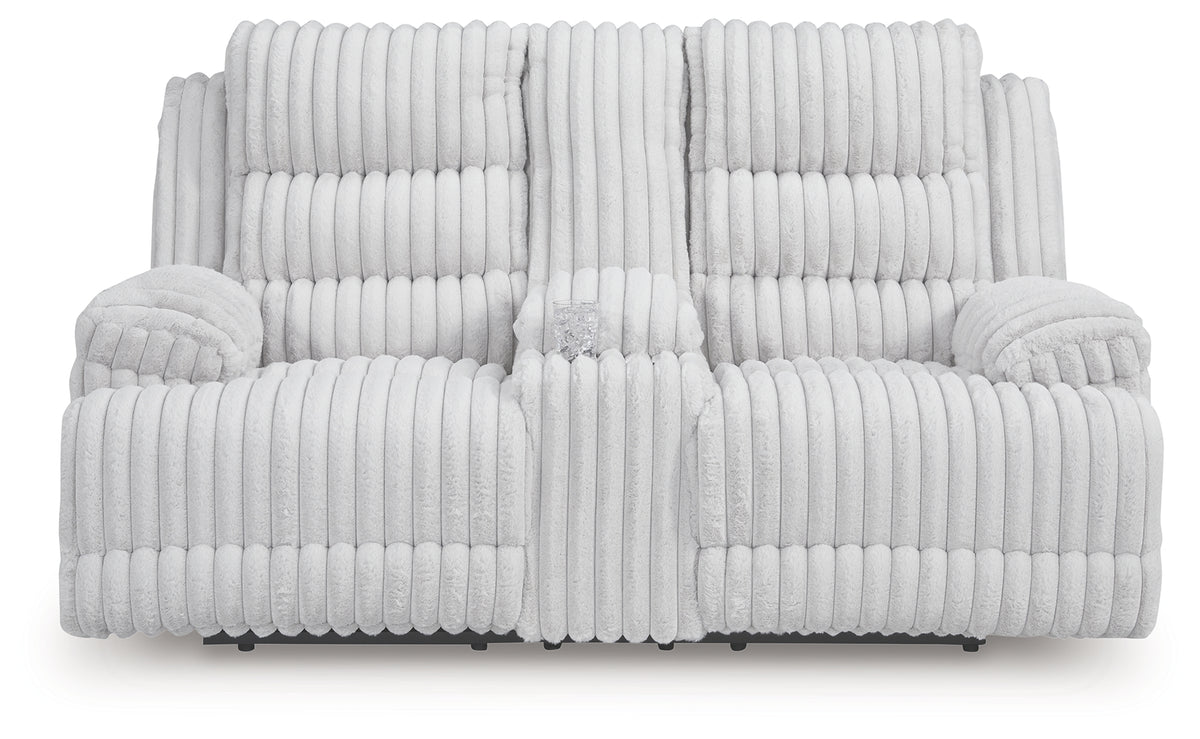Front view of Rhines Falls Alloy Velvet Reclining Loveseat