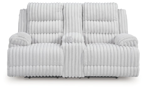 Front view of Rhines Falls Alloy Velvet Reclining Loveseat