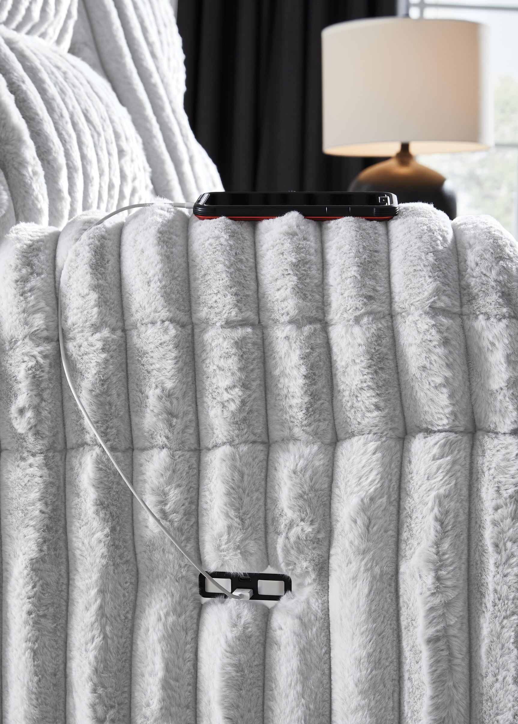 Rhines Falls Alloy Velvet Power Reclining Sofa with Drop Down Table