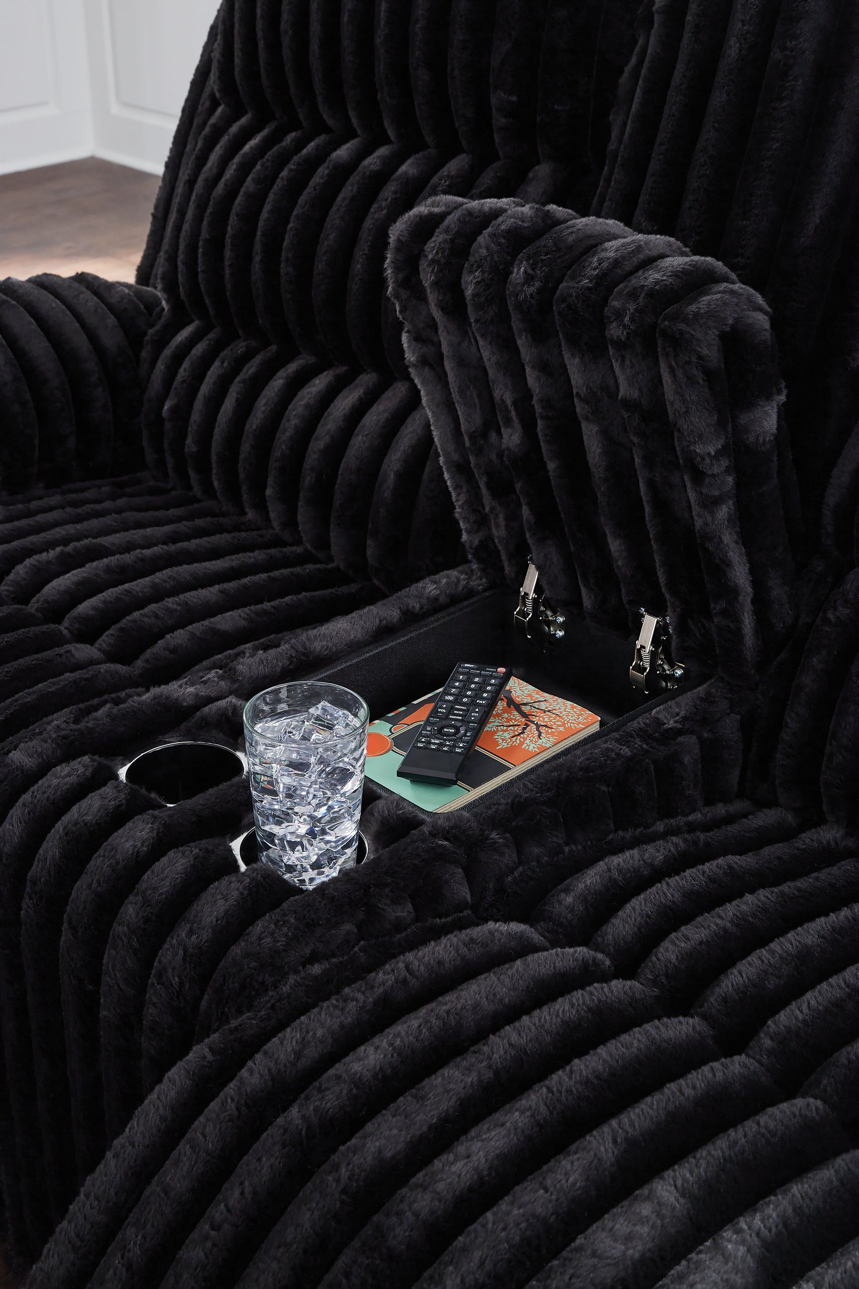 Rhine Falls Onyx Velvet Reclining Loveseat with Console