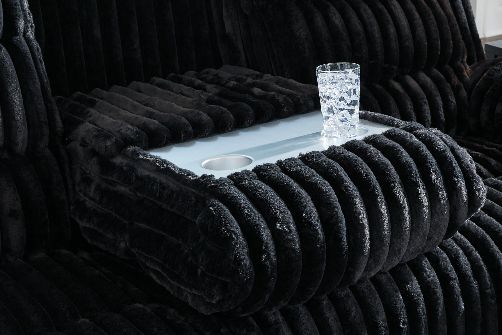 Armrest and power control detail on Rhine Onyx Falls loveseat
