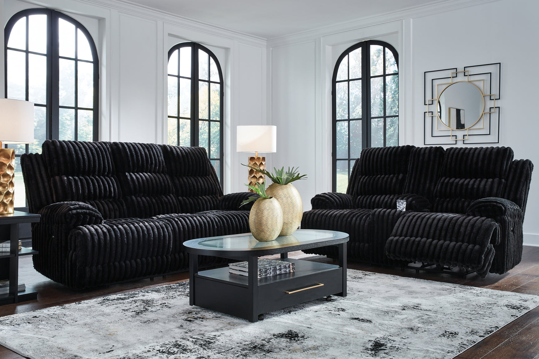 Rhine Onyx Falls sofa seating area with pillowy cushions in corduroy
