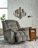Kegler Putty Chenille Recliner open reclined position