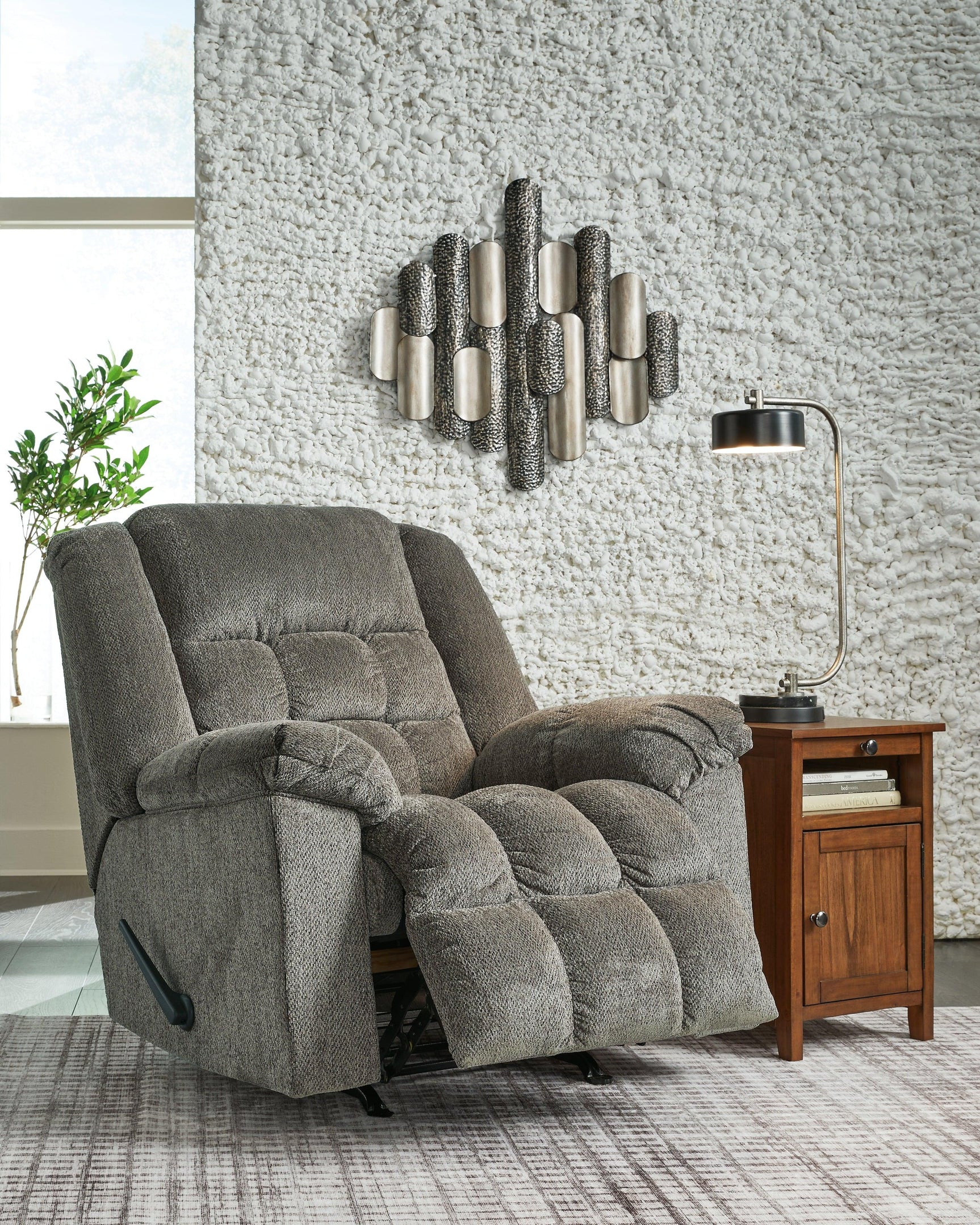 Kegler Putty Chenille Recliner open reclined position