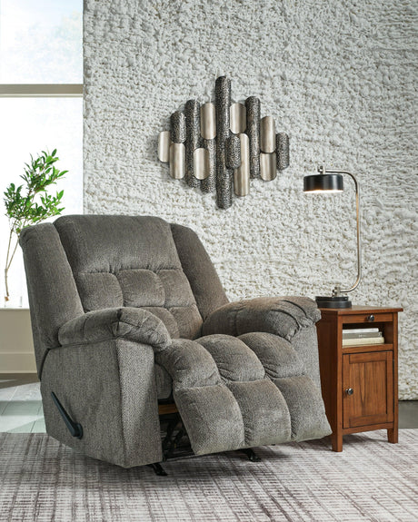 Kegler Putty Chenille Recliner open reclined position
