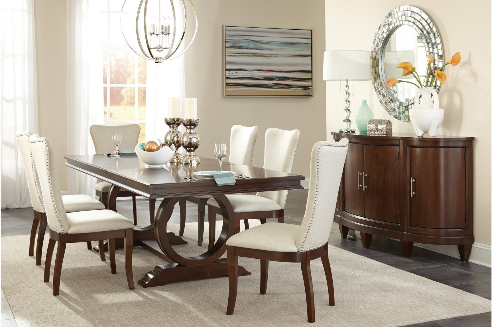 main view of Oratorio Cherry White Fabric Rectangular Dining Room Set dining room furniture