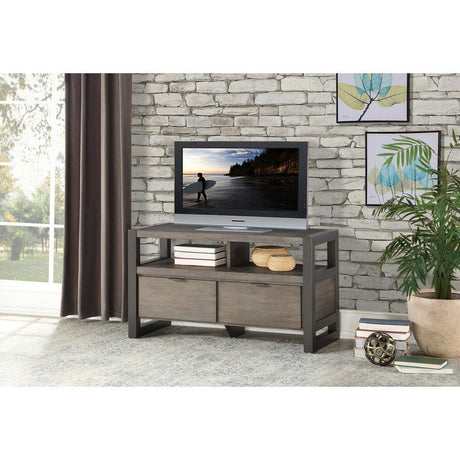 Prudhoe TV stand angled view highlighting wood and metal finish