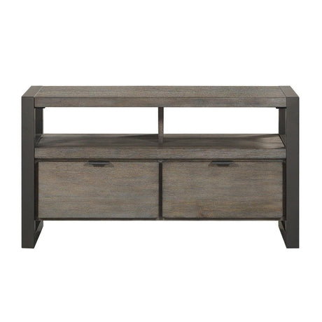 Prudhoe TV stand front view in power glaze oak and gunmetal finish