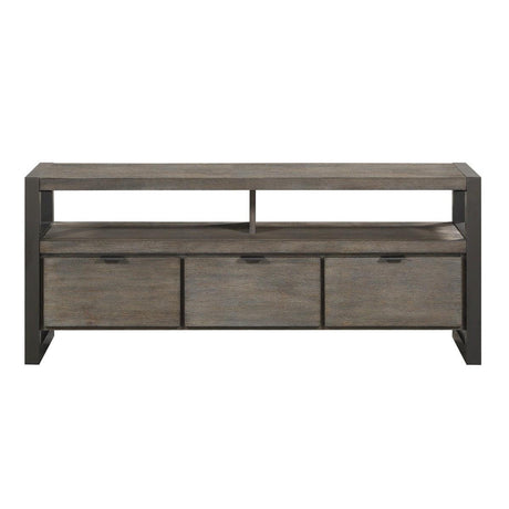 Prudhoe Power Gunmetal TV Stand front view showing drawers and open shelves