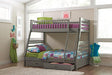 Ashton Twin over Full bunk bed in matte grey, front view showing ladder and drawers