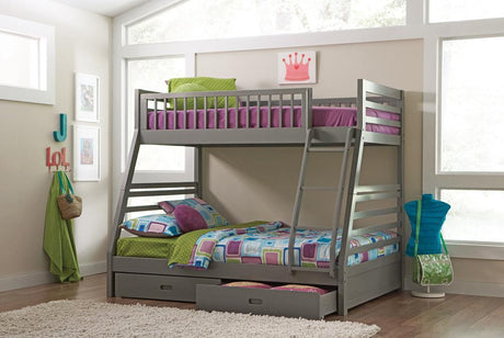 Ashton Twin over Full bunk bed in matte grey, front view showing ladder and drawers