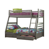 Ashton Twin over Full bunk bed in matte grey, side view showing guard rails and drawers