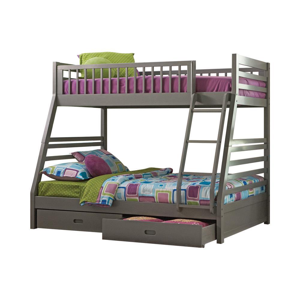 Ashton Twin over Full bunk bed in matte grey, side view showing guard rails and drawers
