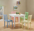 Front view of Rory Multi-Color Kids Dining Set with rectangular table and four colorful chairs