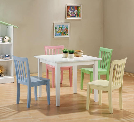 Front view of Rory Multi-Color Kids Dining Set with rectangular table and four colorful chairs