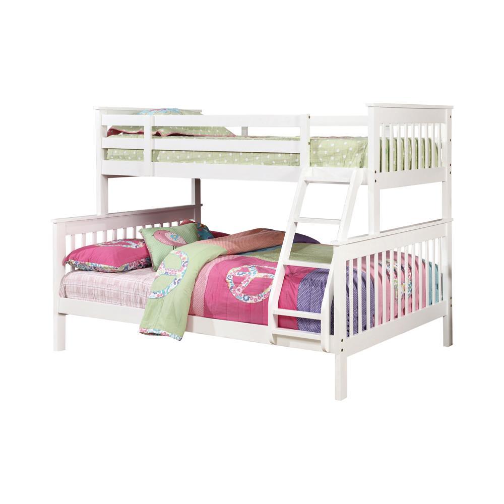 Chapman white bunk bed showing full and twin sizes side view