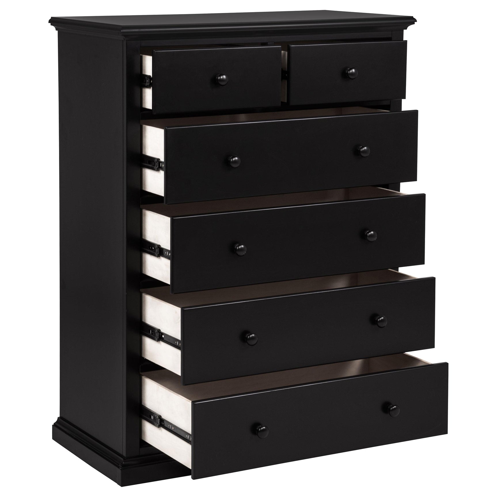 Close-up of round drawer knobs on black chest