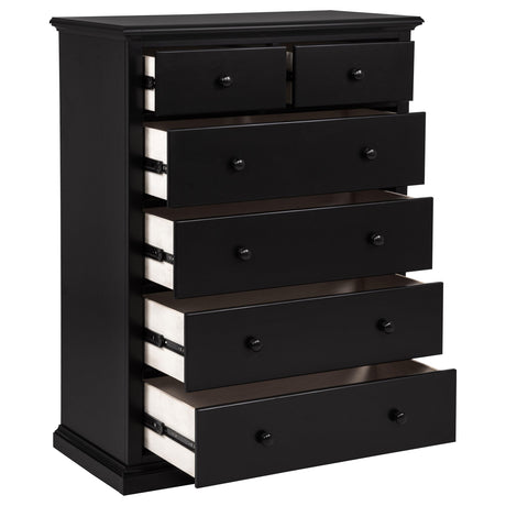 Close-up of round drawer knobs on black chest