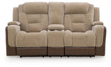 Mixed Motion Brownstone Chenille / Faux Leather Power Reclining Loveseat with Console — front view