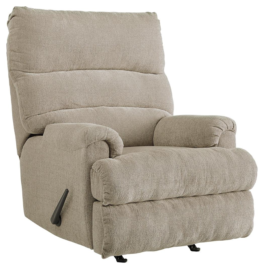 Side view of Man Fort Dusk chenille recliner