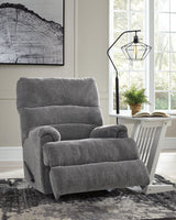 side view of Man Fort Graphite Chenille Recliner with footrest extended