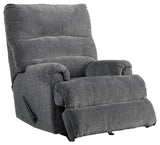 reclined position of Man Fort Graphite Chenille Recliner