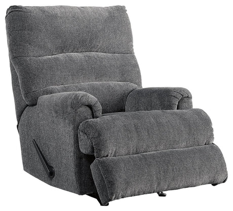 reclined position of Man Fort Graphite Chenille Recliner