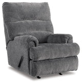 side view of Man Fort Graphite Chenille Recliner showing profile