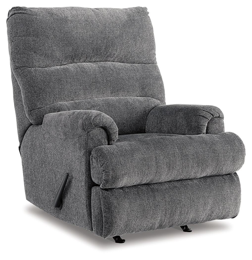 side view of Man Fort Graphite Chenille Recliner showing profile